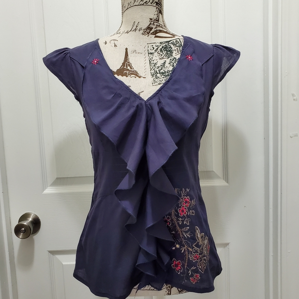 Freelance Anthropologie Ruffled Embroidered Top Sz S
